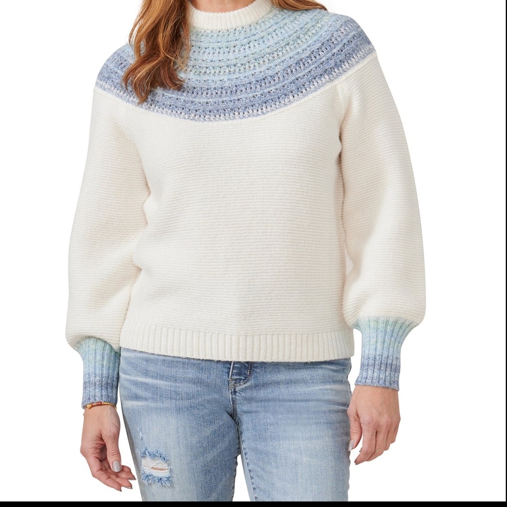 LONG BLOUSON SLEEVE HIGH ROUND NECK, OMBRE PLACEMENT POINTELLE STITCH SWEATER